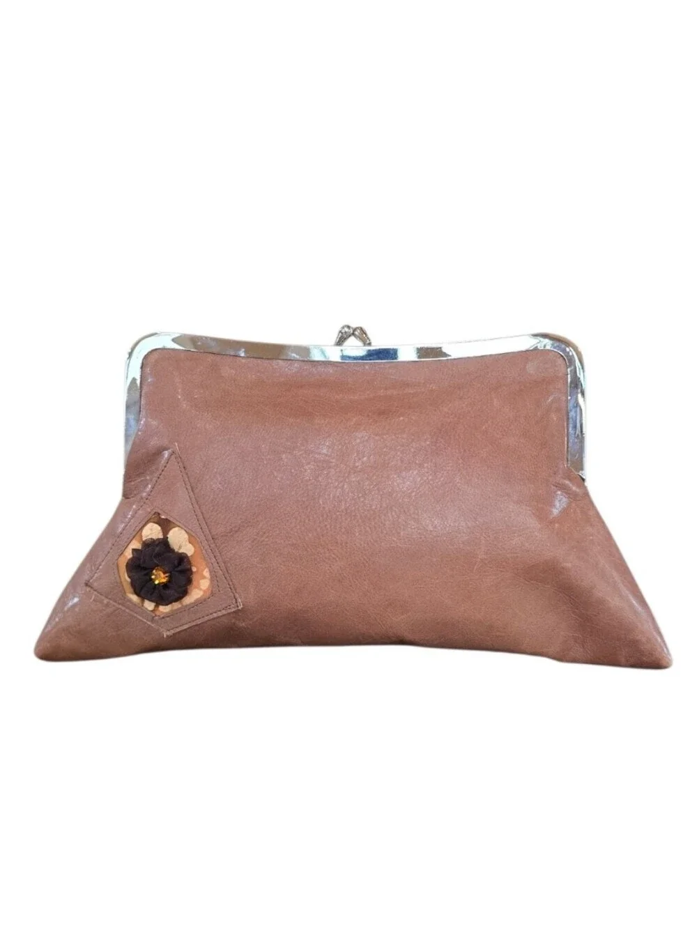 Brown Distressed Faux Leather Kisslock Clutch